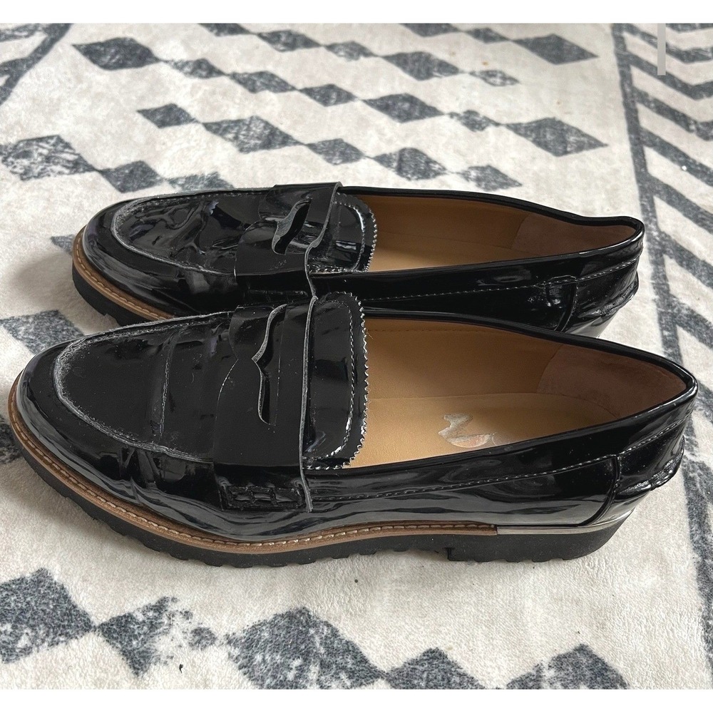 Franco Sarto Cedra Black Patent Penny Loafers Lug Sole Platform Womens 7M EUR 37